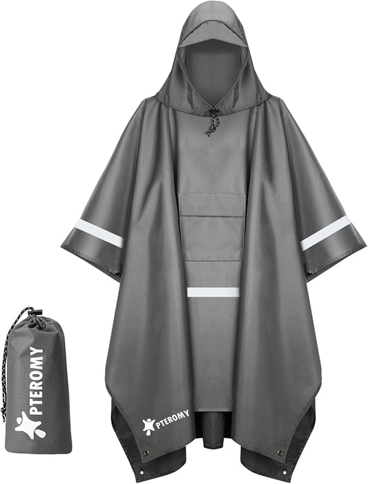 PTEROMY Hooded Rain Poncho for Adult with Pocket, Waterproof Lightweight Unisex Raincoat for Hiking Camping Emergency
