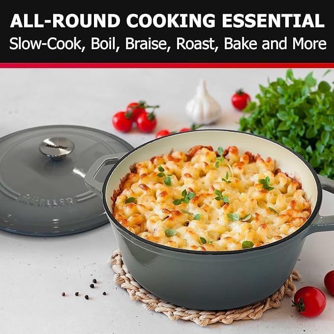 MÜELLERHOME 4.5 QT Enameled Cast Iron Dutch Oven, Heavy-Duty Casserole Dish and Braiser Pan with Lid and Stainless Knob, Oven-Safe up to 500° F & Across All Cooktops, Grey