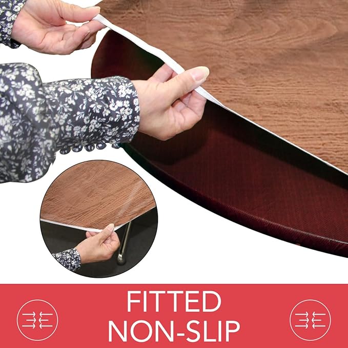 LAMINET ETWOD60-OAK Woodgrain Elastic Round Table Cover, Large Fits Up to 45"-56" Diameter, Large Fits Up to 45"-56" Diameter, Oak Wood