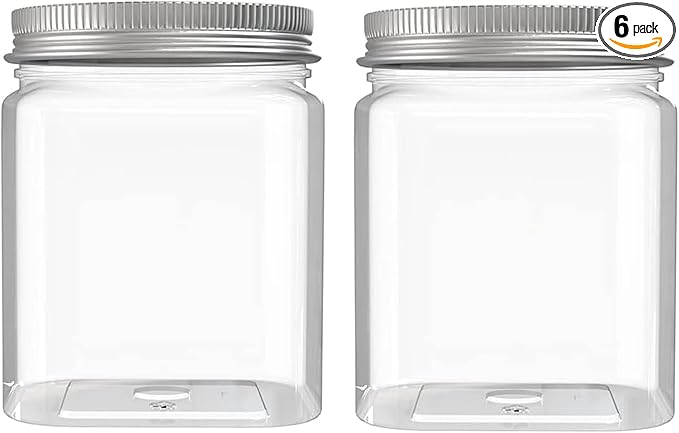 6 Pack 24 Oz Clear plastic jar, Refillable Kitchen Storage Containers, For Kitchen & Household, Aluminum cap.