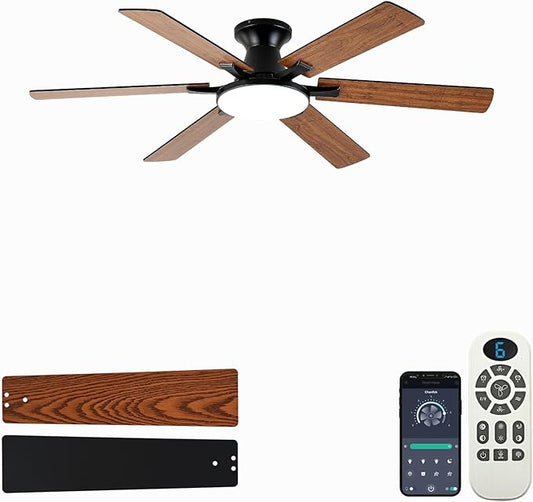 Ceiling Fans with Lights,54 Inch Low Profile Ceiling Fan with Light and Remote Control,6 Speeds/6 Blade,Flush Mount,LED Dimmable DC Reversible Modern, Brown Ceiling Fan for Bedroom/Living Room