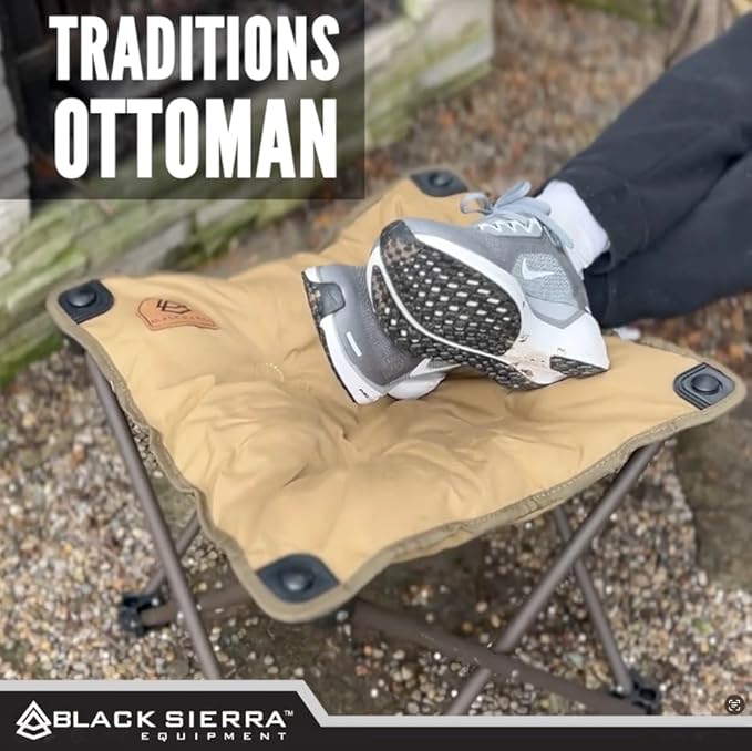 Black Sierra Traditions Camping Foot Stool, Folding Camp Ottoman, Lightweight Collapsible Camp Footrest, Folding Camping Footrest, Lightweight Beach Chair Footrest, Portable Folding Outdoor Footrest