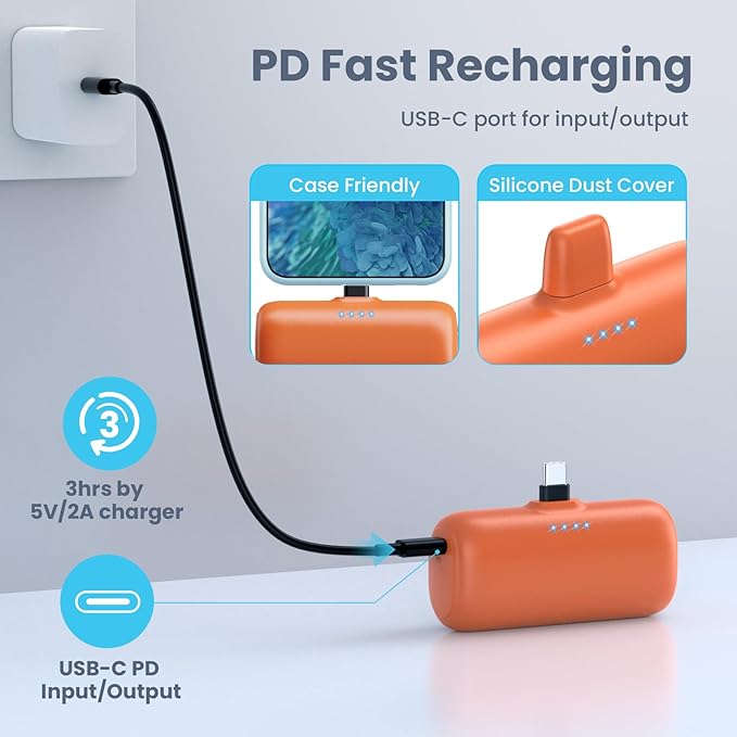 Mini Portable Charger for iPhone 16/15, 5200mAh 3A PD USB C Power Bank Cell Phone Fast Charging,Ultra-Compact Battery Pack for iPhone 16/15/15 plus/15 pro/15 pro Max/Android/Samsung/Moto/LG-Orange
