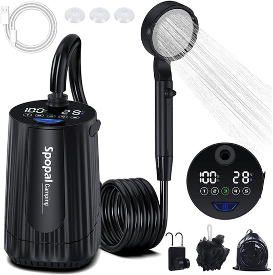 Portable Camping Shower - 10000mAh Rechargeable, 5-Speed, IPX8 Waterproof, LED Display Camp Shower Pump- Perfect for Hiking, Travel, Cars & Pets