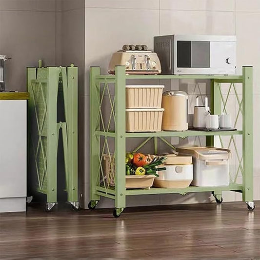 4-Tire Storage Rack, 28*13*34.5in Foldable Metal Garage Storage Shelves Organizer, Portable Metal Kitchen Shelving, Closet Shelving Unit Bakers Rack Microwave Stand, Green(Tiered Shelf-3)
