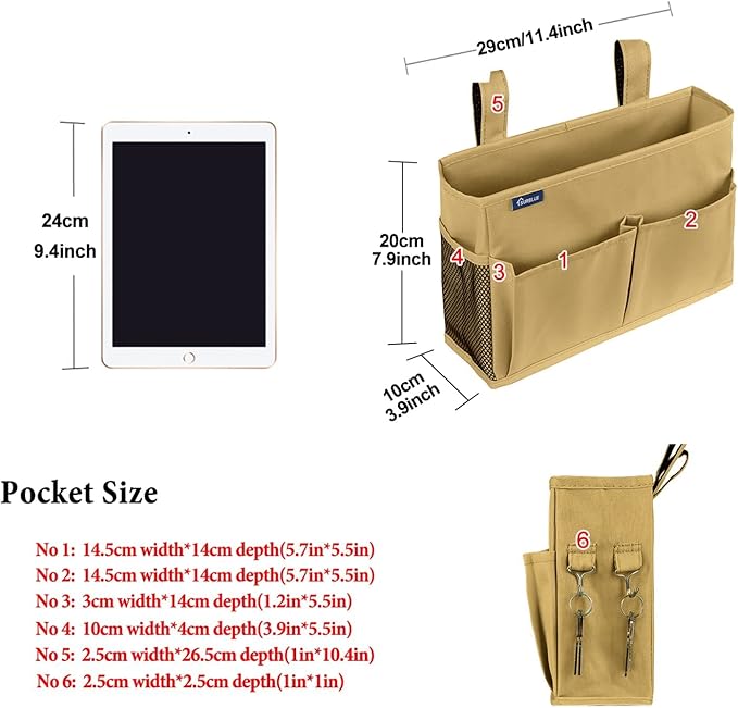 Surblue Bedside Caddy Hanging Organizer Bedside Storage Bag for Bunk and Hospital Beds (Small, Khaki)