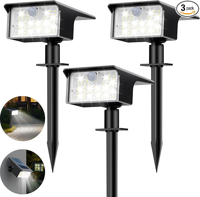 nipify Solar Spot Lights Outdoor, 3 Pack/62 LED Solar Motion Sensor Lights Outdoor Waterproof, 3 Modes Solar Powered Landscape Spotlights 2-in-1 for Outside Yard Wall Garden, Cool White