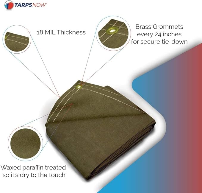 Tarps Now 5x7 ft Heavy Duty Canvas Tarp| 18 MIL Industrial Grade Fabric, Tear Resistance, Reinforced Edges, Brass Grommets | Ideal for Construction, Trucking, Manufacturing, Automotive –Olive Color