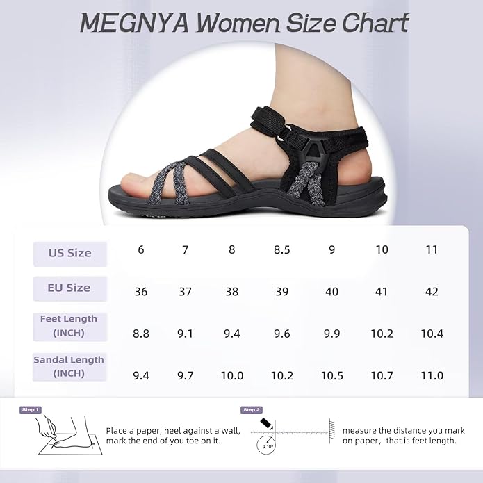 MEGNYA Hiking Sandals for Women, Arch Support Comfortable Walking Sandals Hook Loop Strap, Sports Lightweight Slides