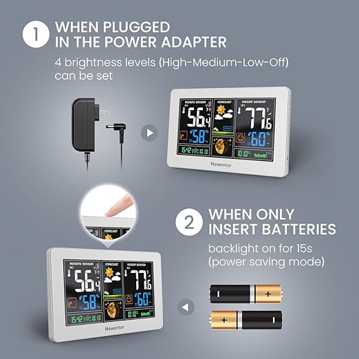Newentor Weather Station Wireless Indoor Outdoor Thermometer, Color Display Digital Weather Thermometer with Atomic Clock, Barometric Pressure, Forecast Station with Adjustable Backlight, White