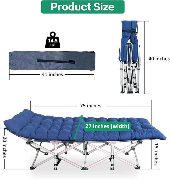 2-Pack Camping Cot with Mattress Cots for Sleeping with Camfortable Pad Heavy Duty Camping Bed for Adults Folding Cot for Home Outdoor Office Nap and Vacation