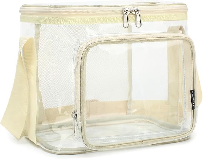 FlowFly Insulated Reusable Lunch Bag Adult Large Lunch Box for Women and Men with Adjustable Shoulder Strap,Front Zipper Pocket and Dual Large Mesh Side Pockets,Clear#Biege