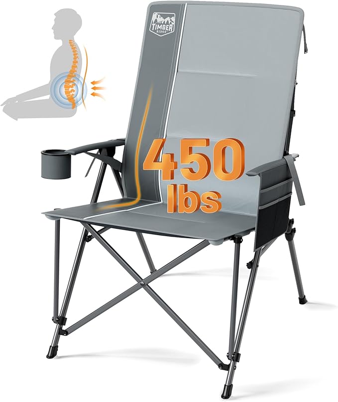 TIMBER RIDGE Oversized Camping Chair with Lumbar Support, Portable Folding Chair Heavy Duty for Adults Supports 450 LBS for Outdoor Camping, Lawn, with High Back, Cup Holder, Side Pocket - Grey