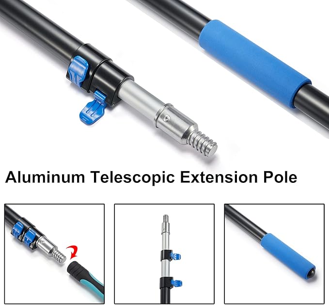 20 Foot High Ceiling Fan Duster with 5-12 Foot Extension Pole, Extendable Reusable Cobweb, Feather, Window Cleaning Squeegee Kit Blue