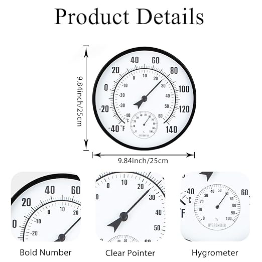10'' Indoor Outdoor Thermometer, Outdoor Wall Thermometer with Humidity, No Battery Needed Outdoor Thermometers for Patio, Garden, Home