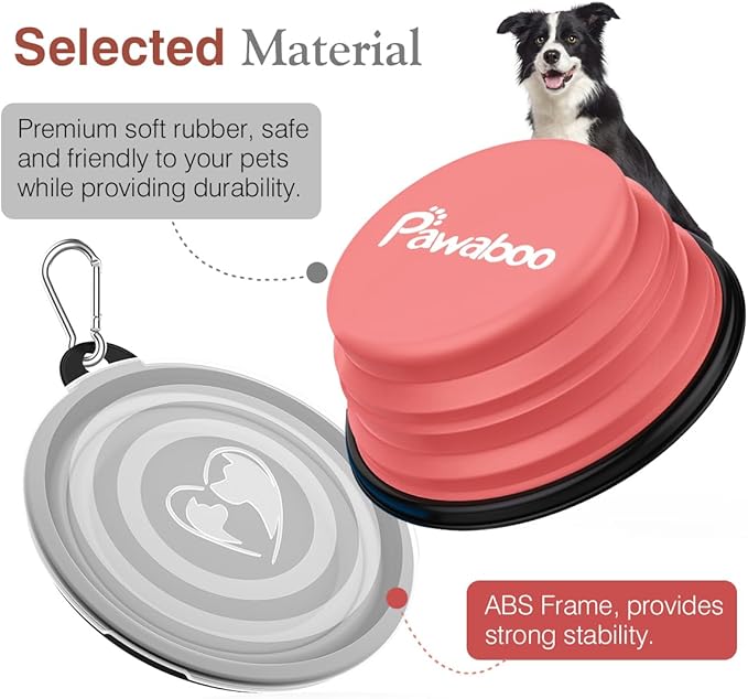 Pawaboo Collapsible Dog Bowls 2 Pack, Silicone Feeding Watering Bowls with Lids & Carabiners for Dogs Cats, Portable Water Feeder Food Bowl for Walking Traveling Home Use, Light Pink + Grey