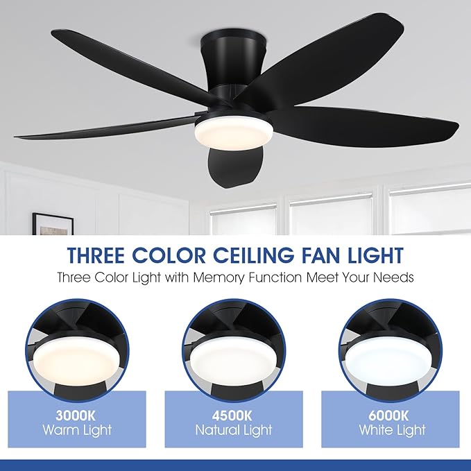 42" Ceiling Fans with Lights-Low Profile Ceiling Fan with Light and Remote/APP Control,Flush Mount,DC Reversible,LED Dimmable Black Ceiling Fans for Bedroom,Indoor/Outdoor Patio Use