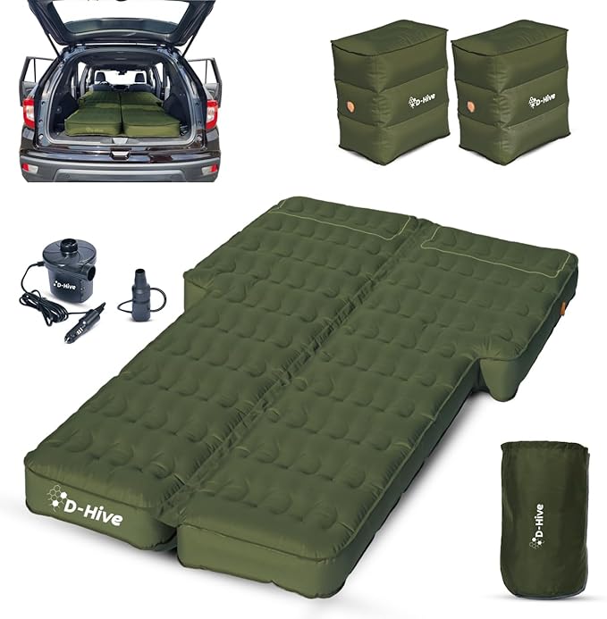 D-Hive Unbeatable Durability SUV Air Mattress for Car Camping, Durable Extra Thick 300D Oxford Fabric, Quick Easy Set-Up w/Electric Pump, Car Bed Mattress, Forrest Green