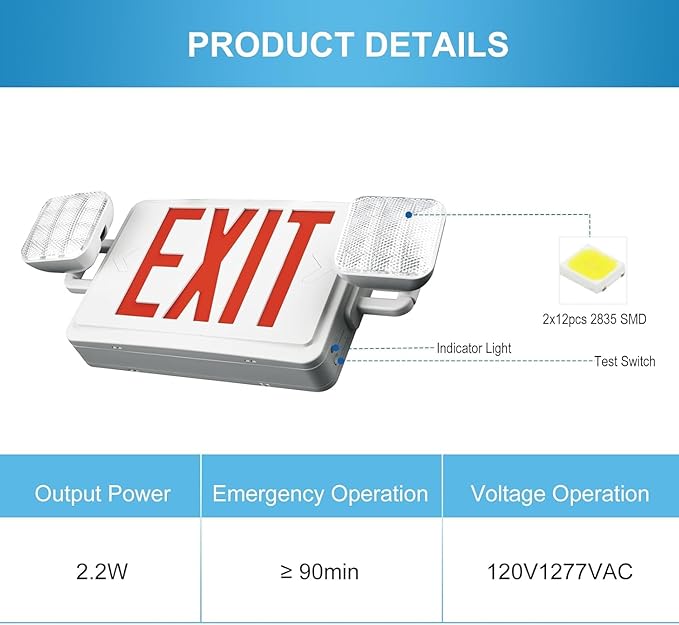 Double Sided LED Emergency EXIT Sign, Exit Combo Remote Capable, Two LED Lights, Backup Battery, US Standard Red Letter, Commercial Grade, 120-277V, FireResistant(UL 94V-0) - 1 Pack