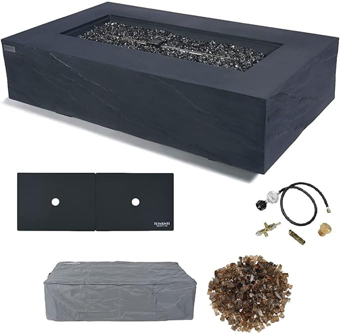 Elementi+ | Cape Town Gas Fire Pit Cast Concrete 56" Rectangular Fire Table, Outdoor Fire Pit Electronic Ignition | Canvas Cover, Fire Glass and Burner Lid Included | Dark Gray | Natural Gas