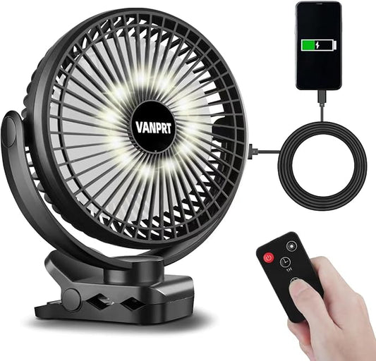 8'' Rechargeable Portable Hanging RV Tent Clip fan with Remote, 10000mAh Camping Fan, 3 Speed, Max 40 Hours Working Time, with LED light and Timer, 720°Rotation, as Emergency Power - Black