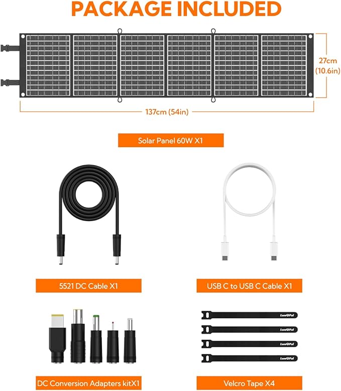 Portable Solar Panel, LUMOPAL 60W Foldable Solar Panels Folding Solar Charger with PD60W USB-C 5V USB-A QC3.0 DC18-20V, IP65 Waterproof for Camping Backpack Compatible with Phone Laptop Power Station