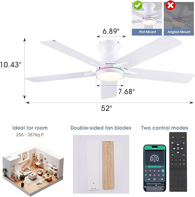 Low Profile RGB Ceiling Fans with Lights and Remote,52" White Flush Mount Ceiling Fans with Quiet Reversible DC Motor, Dimmable LED Ceiling Fan Light with 3 Colors 6 Speeds
