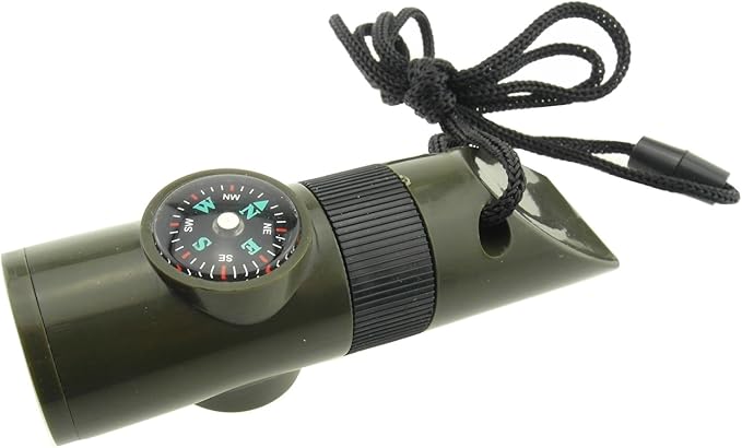 TRENDBOX Multifunctional 7 in 1 Camping Hiking Outdoor Whistle with Compass Magnifier LED Flashlight Thermometer for Emergency Survival Traveling