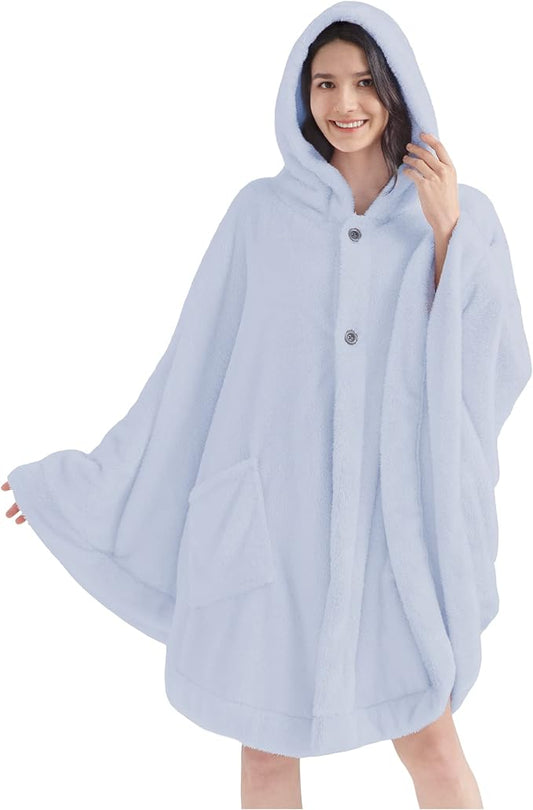PAVILIA Angel Wrap Hooded Blanket Poncho, Wearable Blanket Throw Wrap Poncho for Women Adult, Cozy Fluffy Sherpa Fleece Shawl Cape with Hood pockets, Warm Gift for Mom Wife, Light Blue