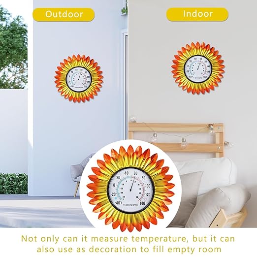 VEWOGITF Outdoor Thermometer, Metal Wall Themometer No Need Battery, Yellow Flower Indoor Thermometer with Large Number for Patio Room Decor