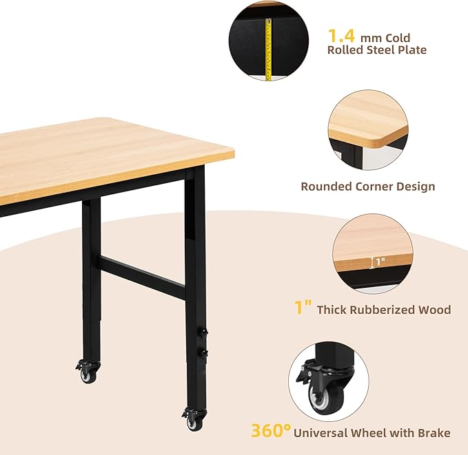 48" Adjustable Workbench with Wheels, Rolling Work Table for Garage, 2000 LBS Capacity Hardwood Work Bench, Heavy Duty Table for Workshop, Office, Garage, Home