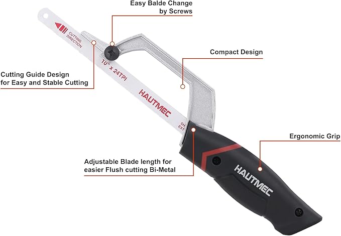 HAUTMEC Mini Hacksaw, 10" Compact Hacksaw with Cutting Guide Design, Tool-Free Blade Change, Compatible with 10"/12" Blades, Lightweight Hack Saw for Metal, PVC & Wood Cutting – HT0426