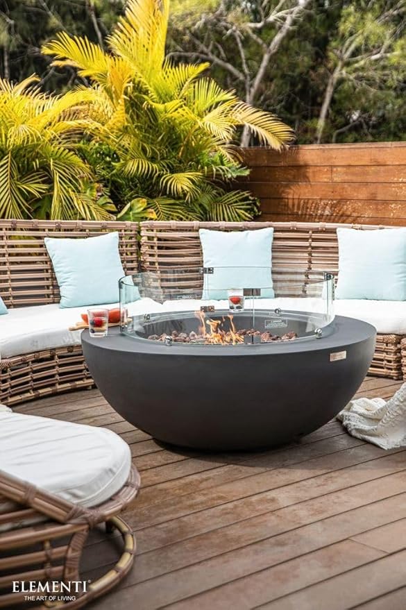 Elementi | Bundle Lunar Gas Fire Pit Cast Concrete 42" Round Fire Table, Outdoor Fire Pit Electronic Ignition | Canvas Cover, Lava Rock Included | Dark Gray (Propane Gas)