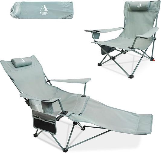 2-in-1 Reclining Camping Chair, Portable Folding Beach Lounge Chair with Footrest & Adjustable Backrest, Comfortable Lawn Chair for Adults Heavy Duty with Cup Holder for Outdoor Poolside Sports