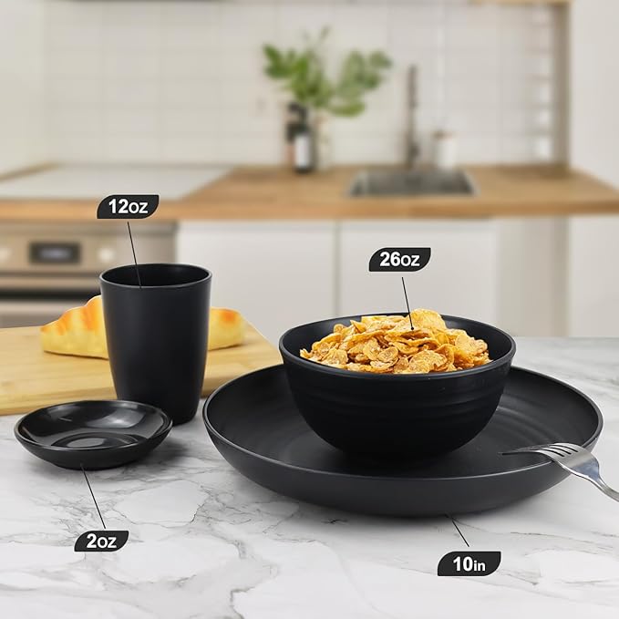 Wheat straw dinnerware sets of 16-10 inches plates,26oz bowls,2oz dipping bowls,12ozcups - Unbreakable plates and bowls sets microwave safe and dishwasher safe,service for 4. Black