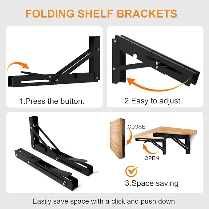 Storystore Folding Shelf Brackets - 12 Inch Heavy Duty Metal Collapsible Shelf Bracket for Bench Table, Shelf Hinge Wall Mounted Space Saving DIY Bracket, Max Load: 150 lb (4 PCS, Black)