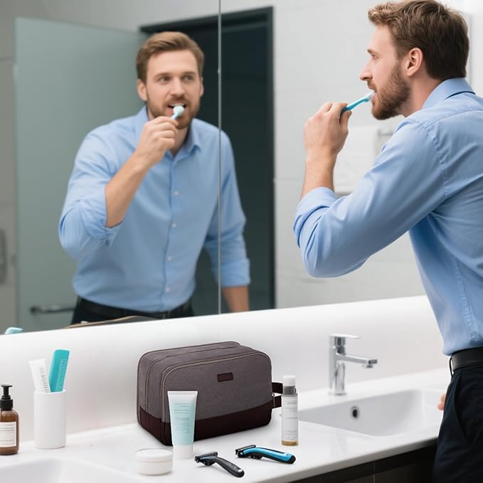 WANDF Travel Toiletry Bag for Men Large Toiletries Shaving Bag Water Resistant Hanging Dopp Kit Travel Accessories Bag for Women Men (Taupe)