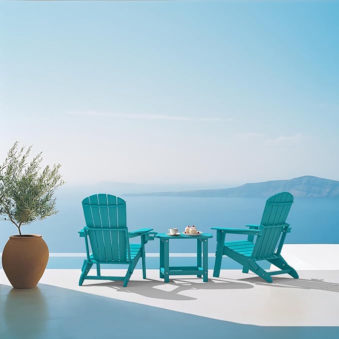 Folding Adirondack Chair, SGS Tested, Wooden Textured with Cup Holder, Heavy All-Weather HDPE Comfortable Set Poolside Backyard Lawn Aruba Blue Set 4