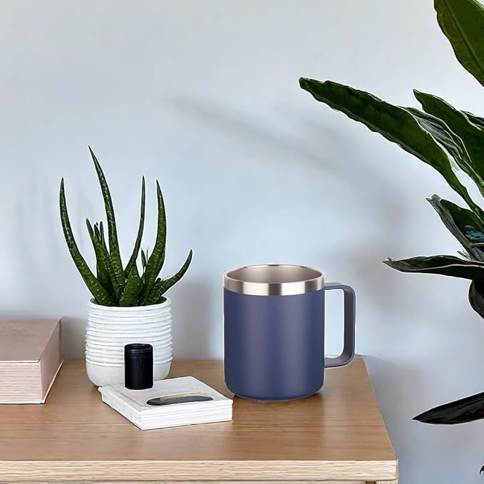 Volhoply 14oz Insulated Stainless Steel Coffee Mug with Lid Bulk 2 Pack,Double Wall Vacuum Travel Coffee Cup with Handle,Reusable Metal Cups Tumbler,Camping Mugs Keep Hot,Ideal Gifts(Navy,2)