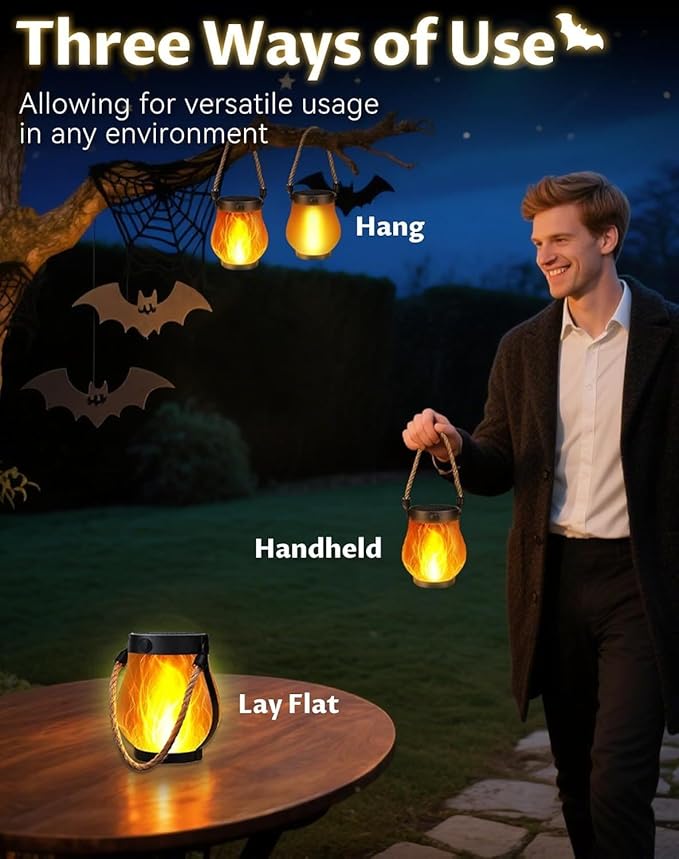 Solar Lantern Outdoor lamp - Waterproof Type Solar Flame lamp Can be Hung and Features Dancing Flames. Hemp Rope Suspended Flame Lantern, Dual Charging Mode, Smoke-Free (5PC)