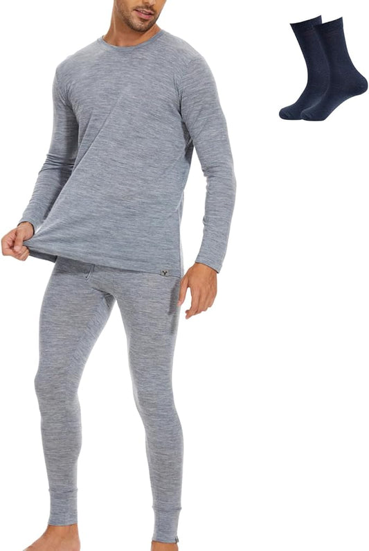 MERINNOVATION Merino Wool Base Layer Set for Men 100% Merino Wool Thermal Underwear Long Sleeve