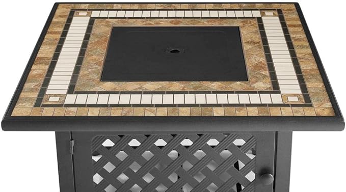 Brown Fire Pit Table with Tiled Top, Beads, and Covers – Propane Backyard Fireplace and Patio Furniture with Hidden Tank Storage