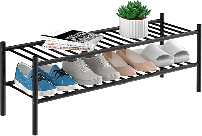 2-Tier Bamboo Long Shoe Rack, Free Standing Wood Shoe Shelf Storage Organizer for Closet Entryway Stackable 35"x11"x13" (Black)