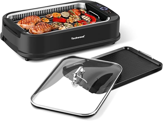 Indoor Grill, Techwood 1500W Smokeless Electric Grill with Non-Stick Grill Plates, Korean Grill with Temperature Control, Tempered Glass Lid, Dishwasher-Safe, Jet Black