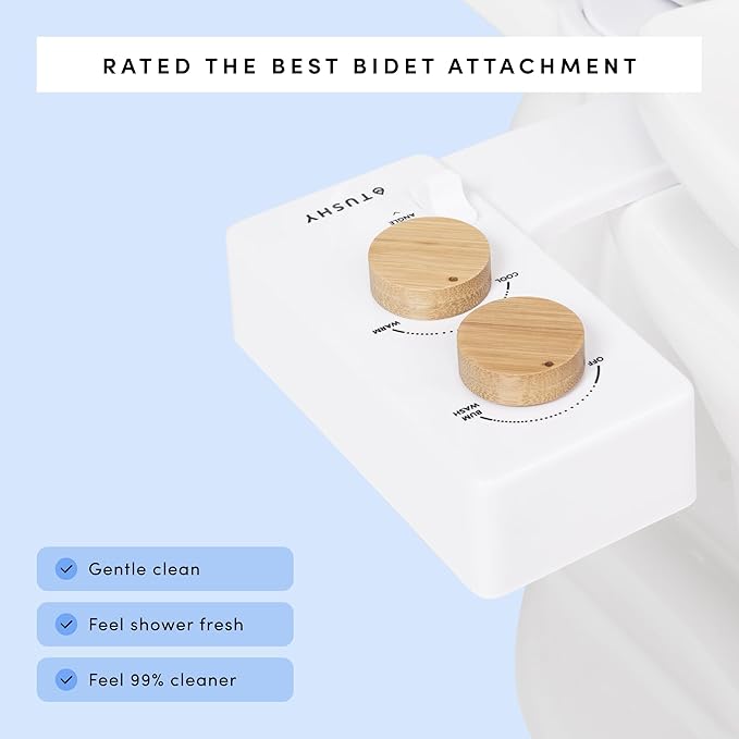 TUSHY Spa Warm Water Bidet Attachment for Toilet. Universal Fit, Easy Install (Requires Sink Access for Optional Temperature Control) Self Cleaning, Adjustable Pressure, Angle Control, Blue/Bamboo