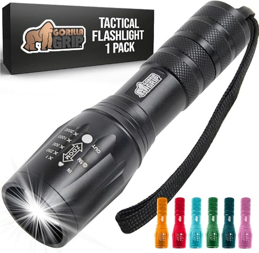 GORILLA GRIP Powerful LED Tactical Flashlight, 750 FT High Lumens 5 Adjustable Modes, Water Resistant, Ultra Bright Zoom Flashlights, Small Mini Flash Light, Camping, Night Dog Walking, Black