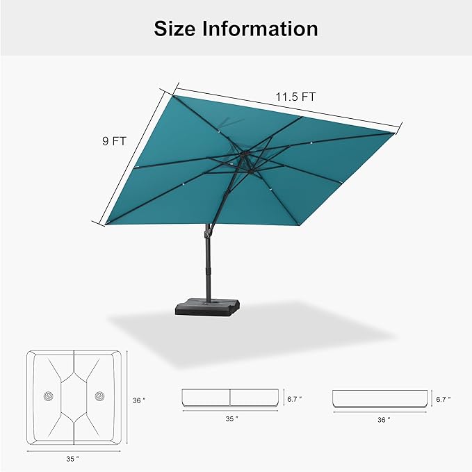 PURPLE LEAF 9' × 11.5' Patio Cantilever Umbrella with Base Outdoor Rectangle Adjustable Offset Umbrellas with 360-degree Rotation and 8 Heavy Duty Metal Ribs for Garden Deck Pool Turquoise Blue