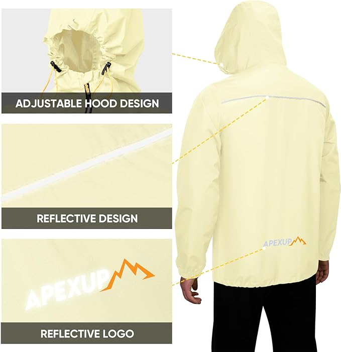 APEXUP Packable Rain Jacket Men with Reflective Zipper, Lightweight Waterproof Raincoat, Mens Rain Jacket for Outdoor Sports
