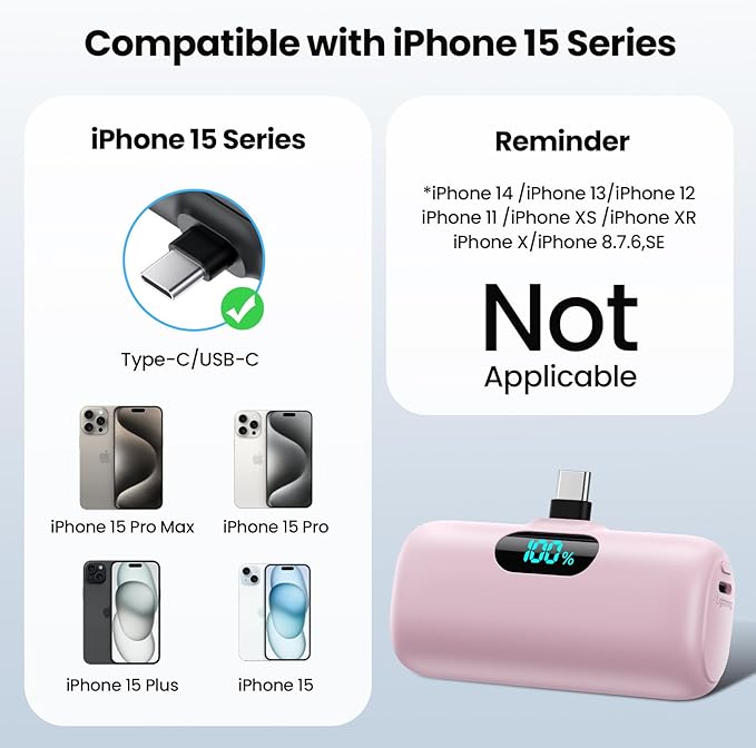 Mini Portable Charger USB C Power Bank,Upgraded 5000mAh PD Fast Charging Battery Pack Built-in USB-C Connector,LCD Display,Compatible with iPhone16,16 Plus,16Pro/Max/15,iPad Pro/Air,Android Phone etc