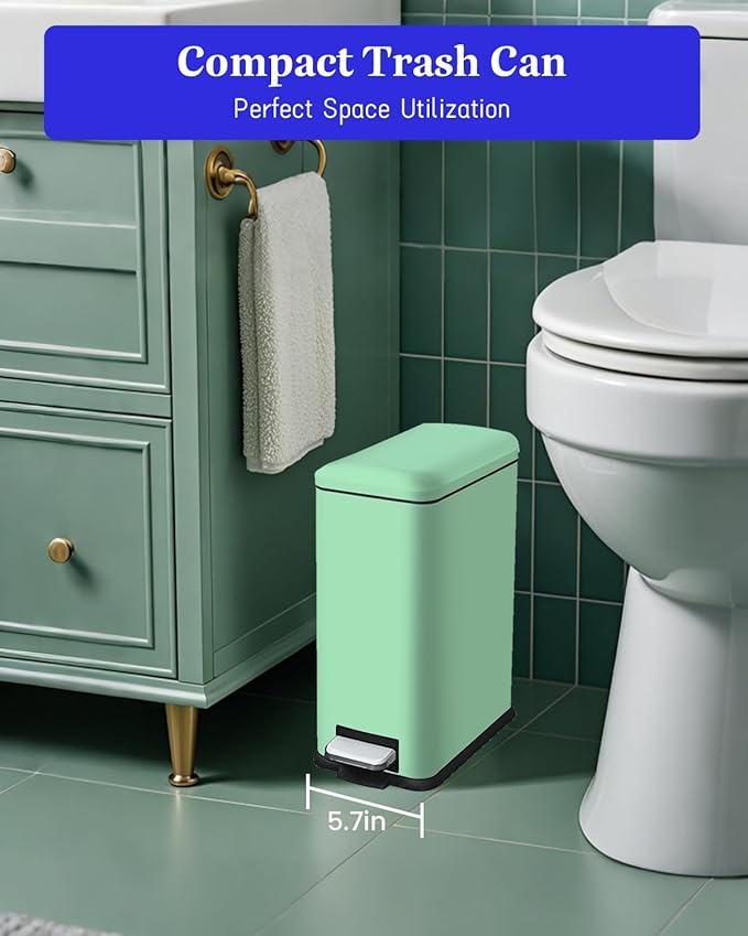 Bathroom Trash Can with Lid，5 Liter / 1.3 Gallon Small Trash Can with Removable Liner Bucket, Soft Close lid & Step Pedal, Stainless Steel Trash Bin for Bathroom,Bedroom,Home Office, Green